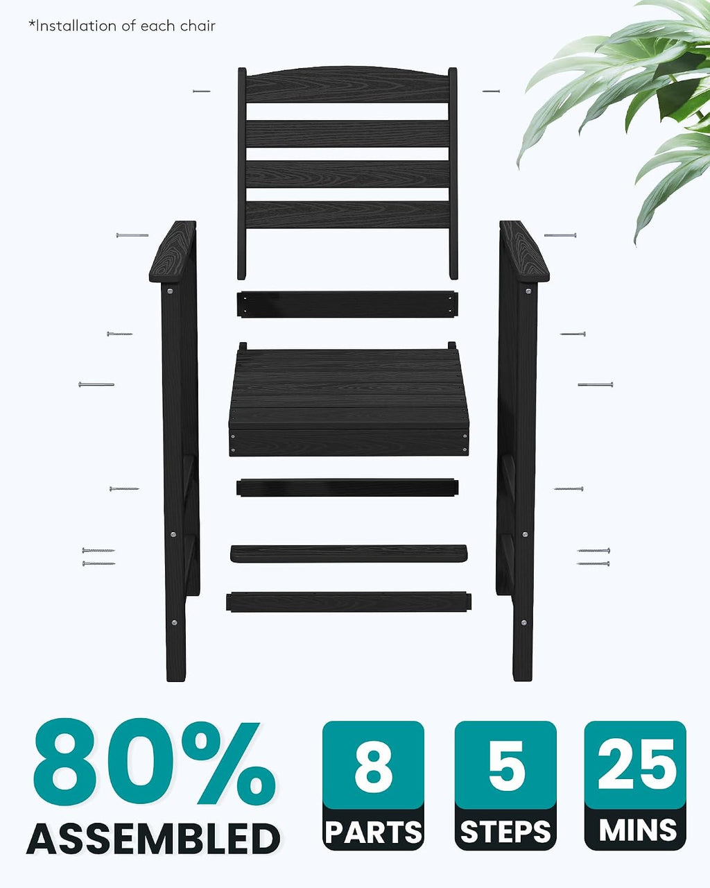 SERWALL Tall Adirondack Chairs Set of 2, Oversize Balcony Adirondack Chairs Set, Outdoor Bar Height Barstools Widened Chair Set for Bistro, Poolside, Garden, Black
