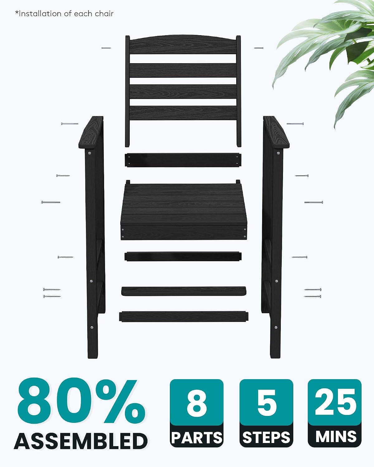 SERWALL Tall Adirondack Chairs Set of 2, Oversize Balcony Adirondack Chairs Set, Outdoor Bar Height Barstools Widened Chair Set for Bistro, Poolside, Garden, Black