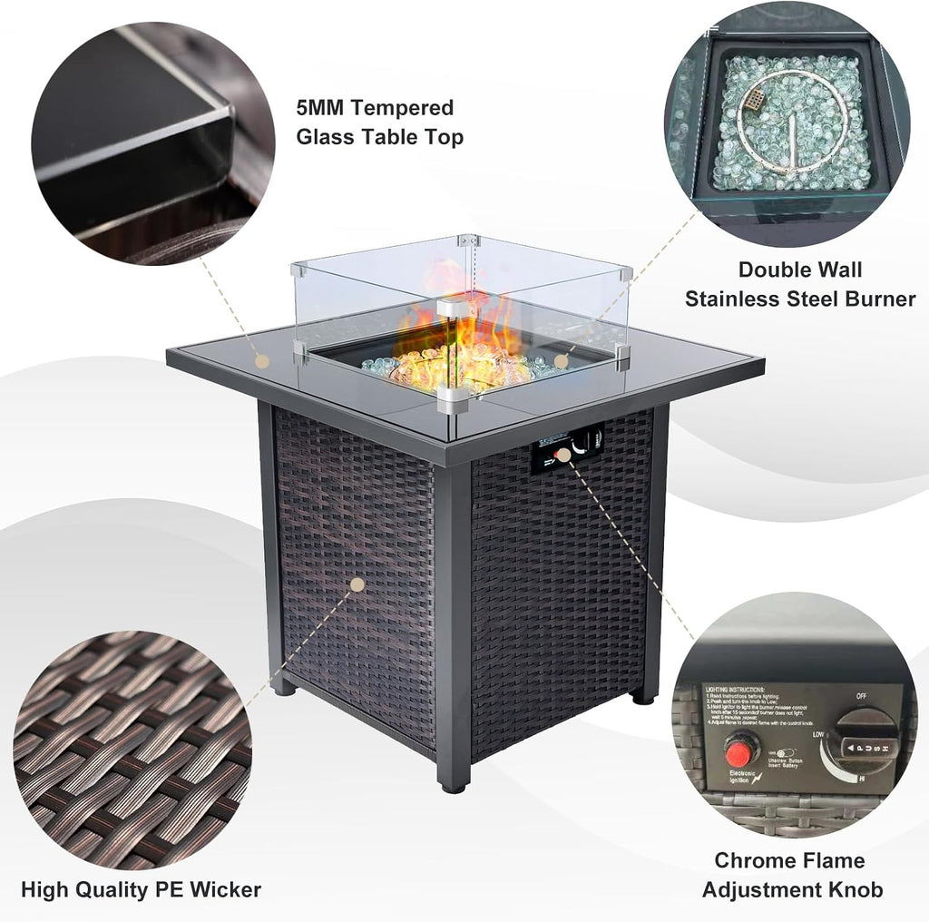 8 Piece Wicker Outdoor Patio Furniture Set with Fire Pit Table, Patio Sectional Sofa Perfect for Deck, Garden, Yard, Includes Splashproof Anti-Slip Cushions and 2 Pillows (Brown/Beige)