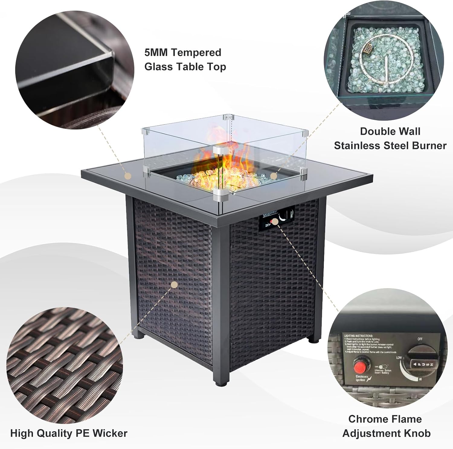 8 Piece Wicker Outdoor Patio Furniture Set with Fire Pit Table, Patio Sectional Sofa Perfect for Deck, Garden, Yard, Includes Splashproof Anti-Slip Cushions and 2 Pillows (Brown/Beige)