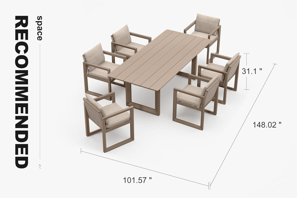 PURPLE LEAF Outdoor Dining Set for 6 Aluminum Luxury Patio Furniture Table and Chairs Set with Removable Thick Cushion Rectangular Patio Dining Sets for Small Backyard Garden Porch Deck, Khaki