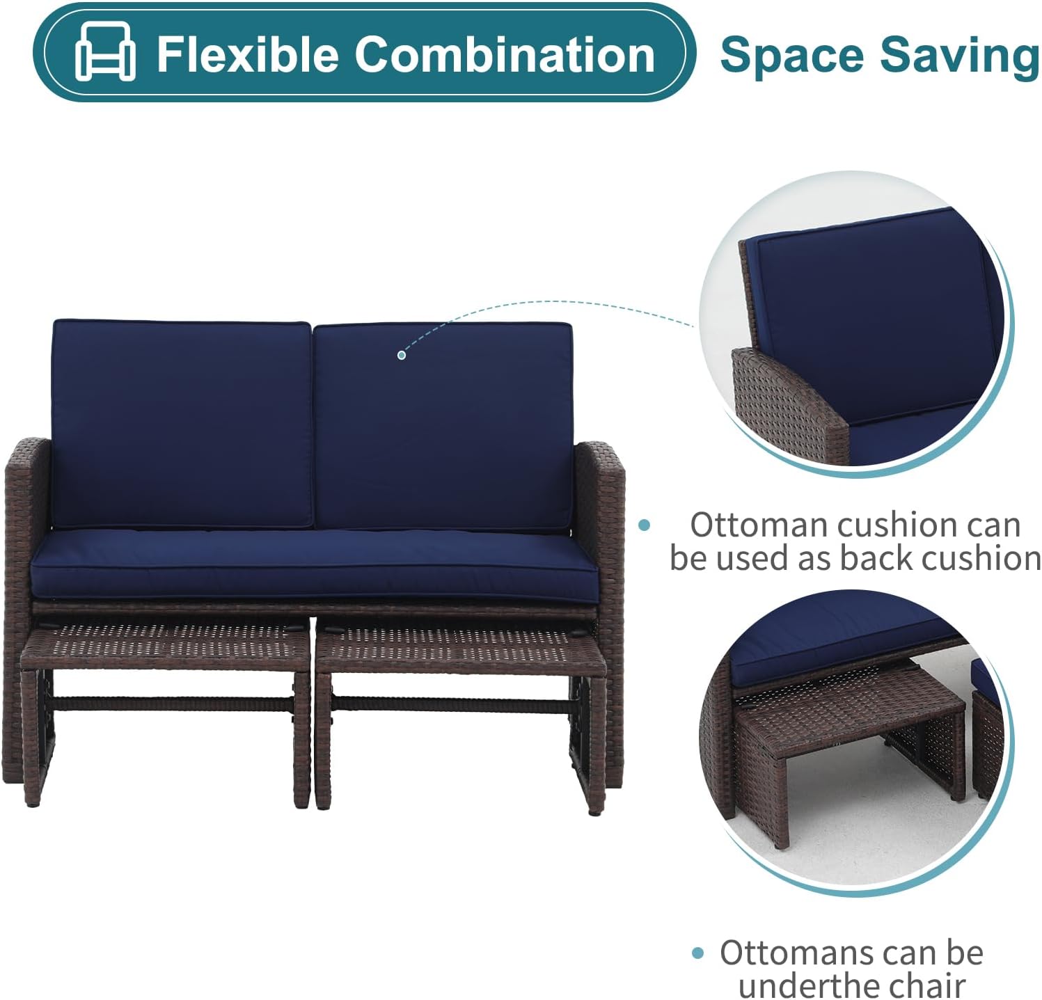 OC Orange-Casual Outdoor Loveseat 3 Piece Patio Furniture Set Outdoor Conversation Set All-Weather Wicker Love Seat with Ottoman/Side Table, Brown Rattan, Blue