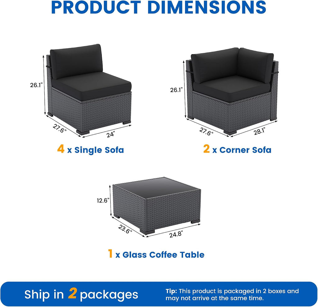 Patio Furniture Sets, 7-Piece Outdoor Patio Furniture with Thick Cushions,Coffee Table Outdoor All-Weather Conversation Set Sectional Sofa for Backyard, Poolside, Garden(Black)