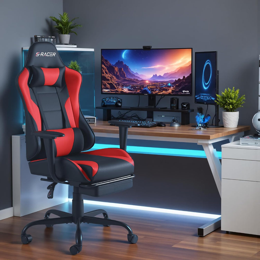 Homall Gaming Chairs, Computer Chair with Footrest and Massage Lumbar Support, Height Adjustable Game Chair with Headrest and Swivel Seat (Red)