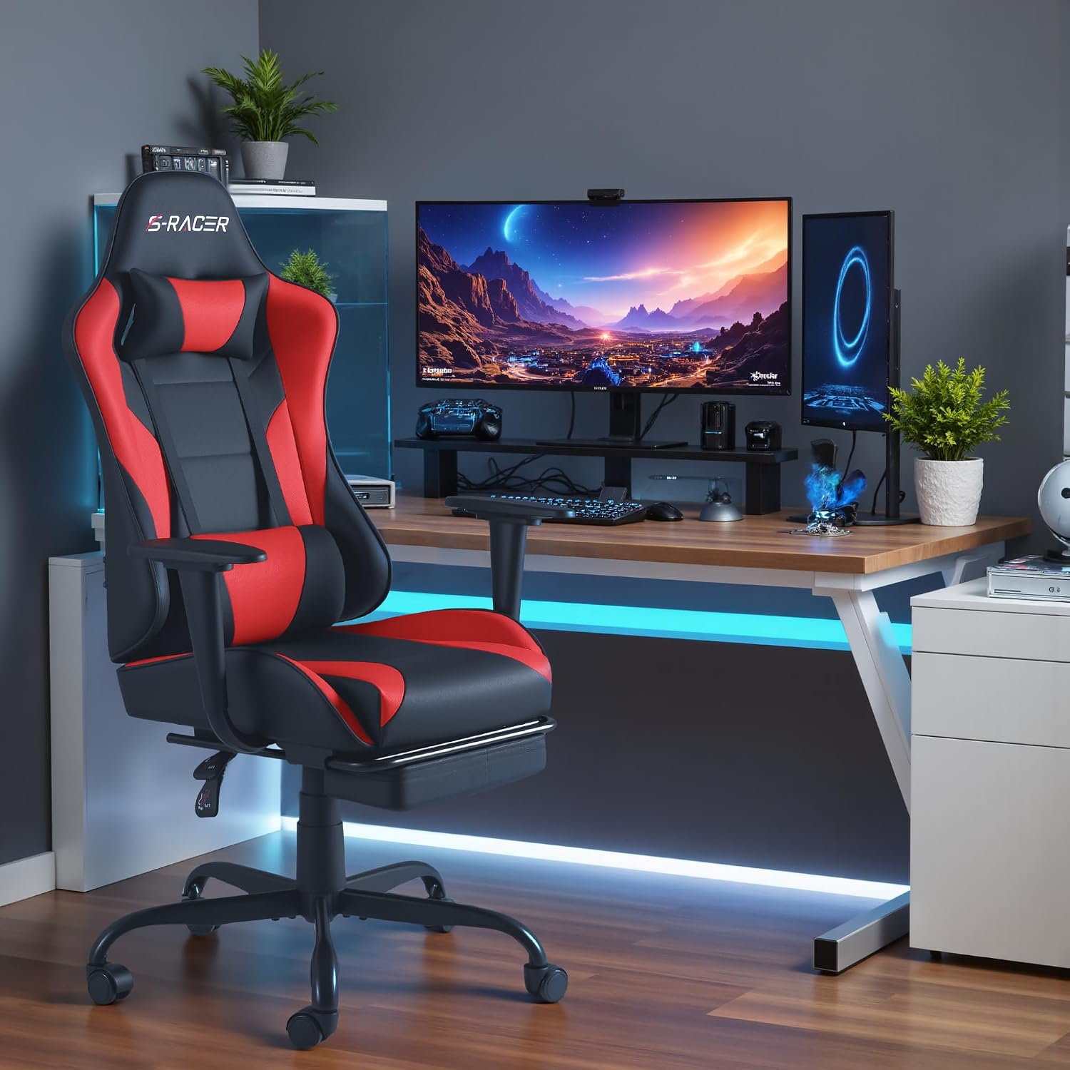 Homall Gaming Chairs, Computer Chair with Footrest and Massage Lumbar Support, Height Adjustable Game Chair with Headrest and Swivel Seat (Red)