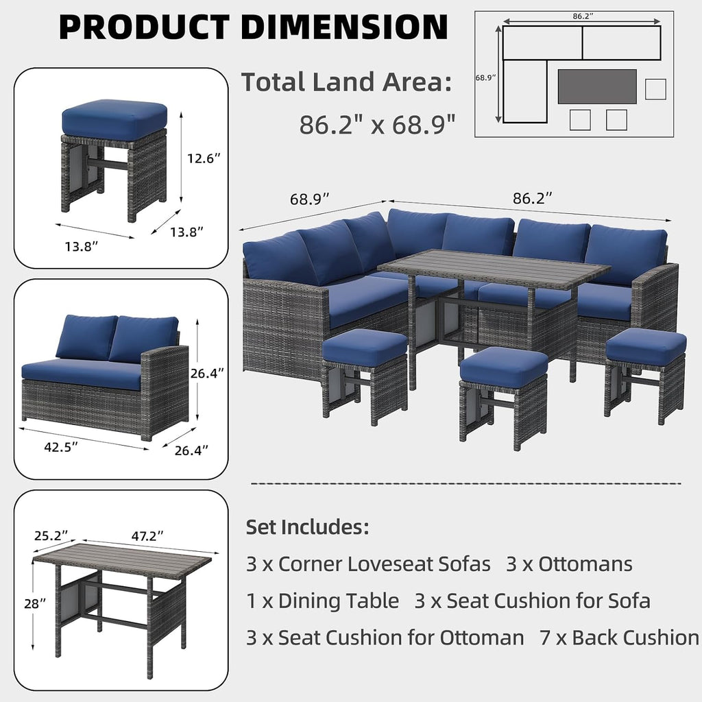 AECOJOY Outdoor Patio Furniture Set with Waterproof Cover, 7 Pieces Clearance Sectional Rattan Dining Table&Chairs, All Weather Wicker Conversation Sofa Couch, Dark Blue Cushions&Grey Rattan