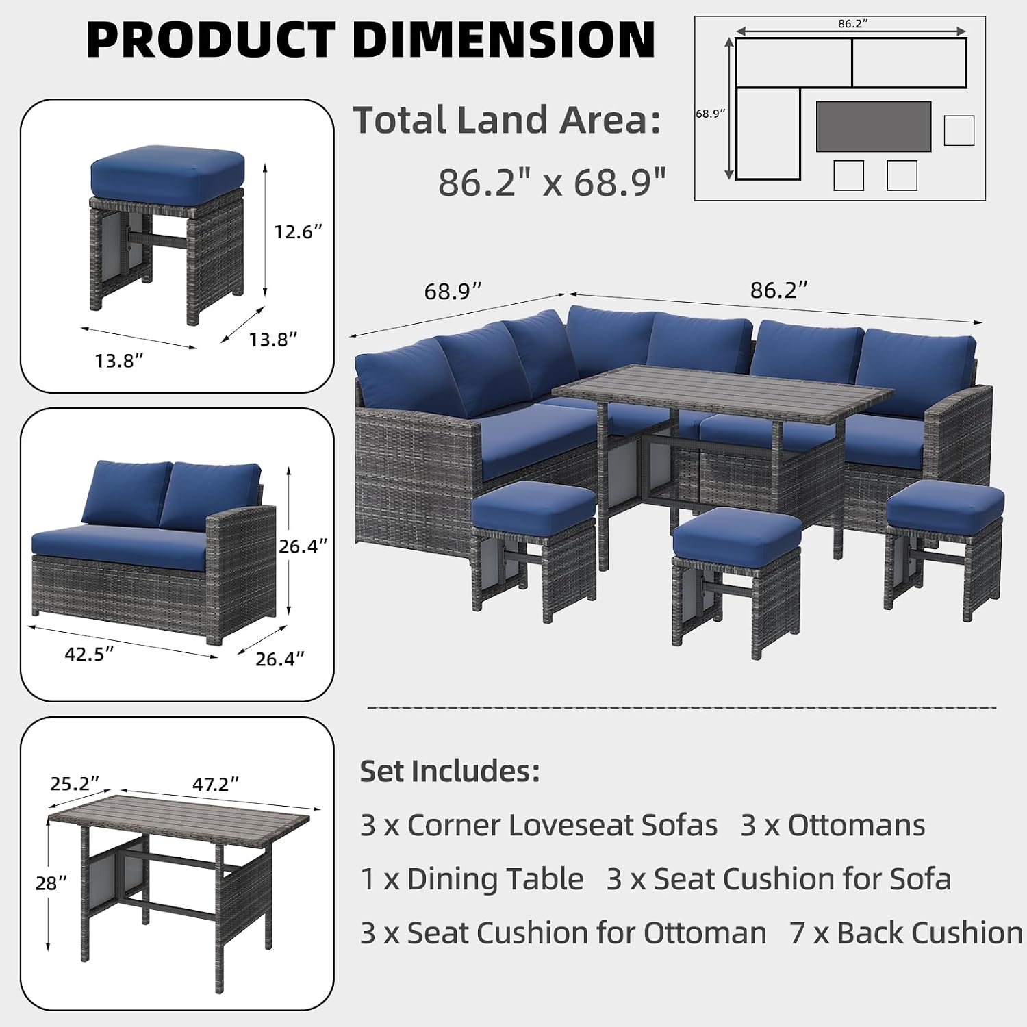 AECOJOY Outdoor Patio Furniture Set with Waterproof Cover, 7 Pieces Clearance Sectional Rattan Dining Table&Chairs, All Weather Wicker Conversation Sofa Couch, Dark Blue Cushions&Grey Rattan