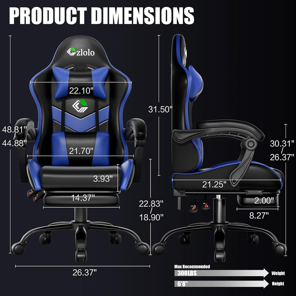 Czlolo Gaming Chair, Ergonomic Office Computer Chair with Footrest and Lumbar Support Massager Racing Style High Back Video Gamer Chair, Wide＆Thick Cushion, 90°-135° Recline, Adjustable Height, Blue
