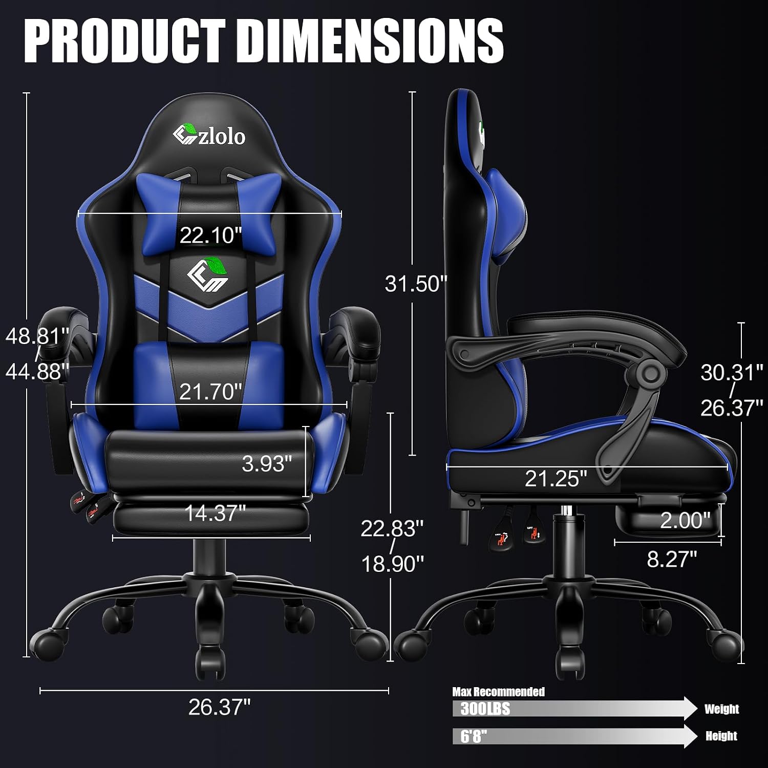 Czlolo Gaming Chair, Ergonomic Office Computer Chair with Footrest and Lumbar Support Massager Racing Style High Back Video Gamer Chair, Wide＆Thick Cushion, 90°-135° Recline, Adjustable Height, Blue