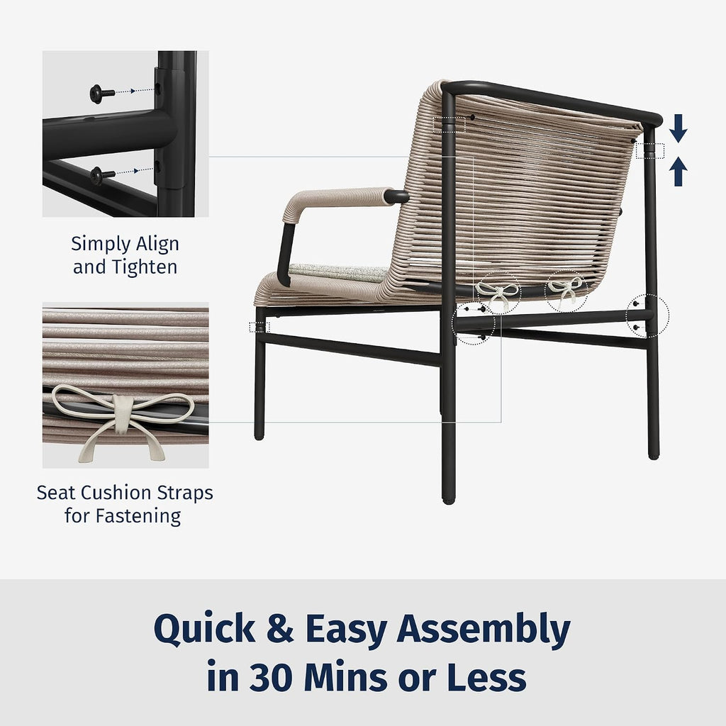 East Oak 3-Piece Patio Furniture Set, Outdoor Bistro Set with PE Rattan Wicker Wide Chairs, Soft Cushions & Coffee Table, Modern All-Weather Wicker Patio Set for Garden and Porch, Creamy Apricot