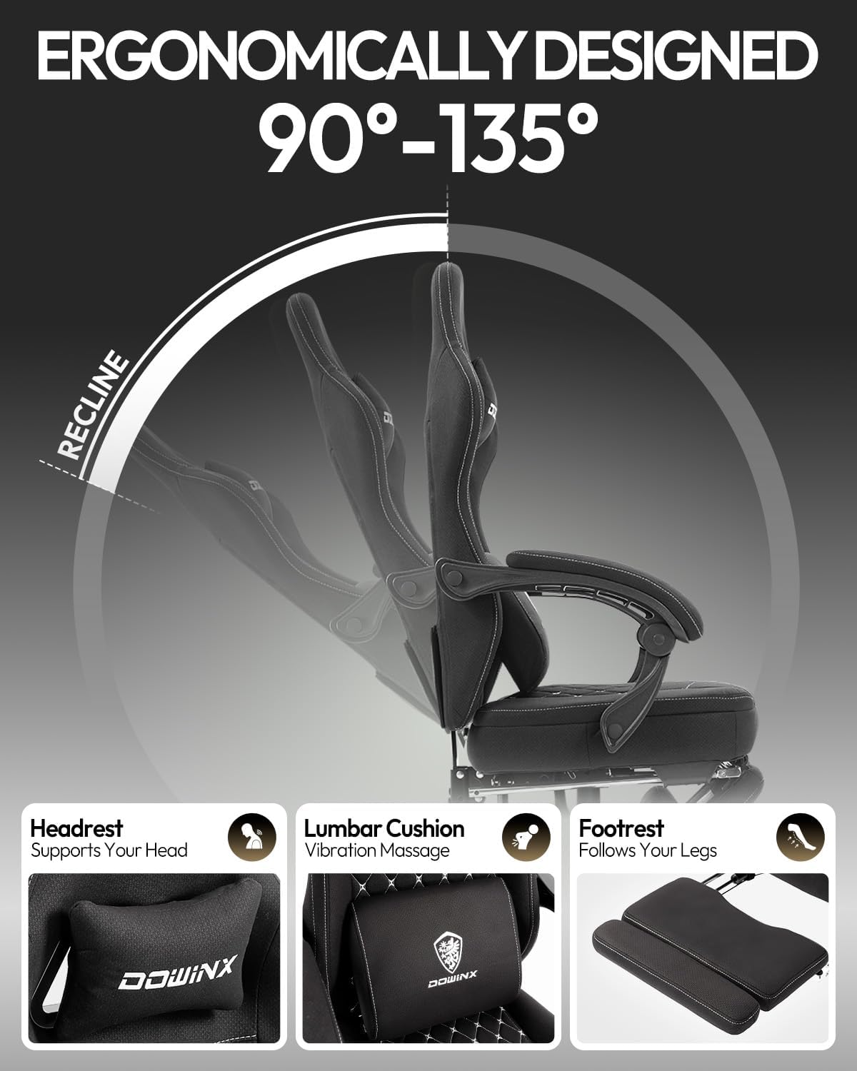 Dowinx Gaming Chair Breathable Fabric Game Chair with Gel Pad and Storage Bag, Comfortable Gamer Chair with Pocket Spring Cushion,Ergonomic Computer Chair with Footrest,Black and White
