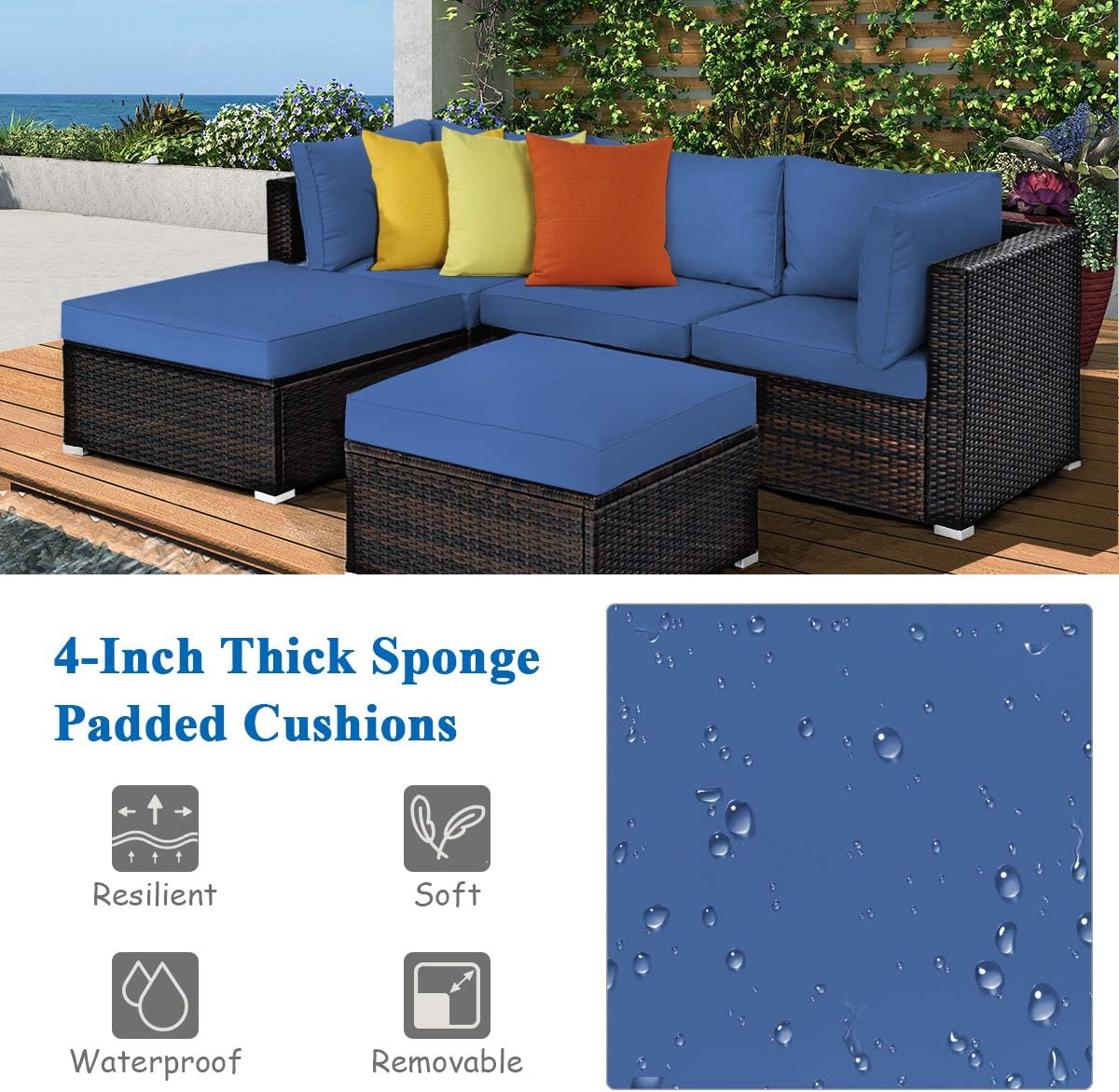 Tangkula 5 Piece Patio Furniture Set, Outdoor Sectional Rattan Sofa Set with Cushions and Coffee Table, Suitable for Backyard Porch Garden Poolside and Deck, Wicker Conversation Set (Navy Blue)