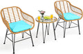 Tangkula 3 Pieces Patio Bistro Set, Rattan Conversation Set with 2 Cushioned Armchairs & Round Glass Coffee Table, Indoor Outdoor Wicker Furniture Set for Balcony, Backyard, Garden, Poolside