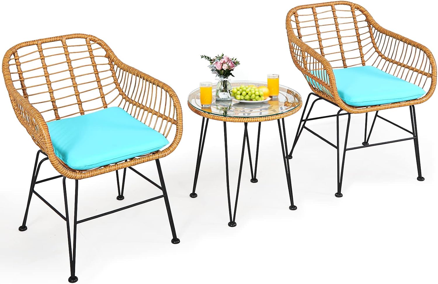 Tangkula 3 Pieces Patio Bistro Set, Rattan Conversation Set with 2 Cushioned Armchairs & Round Glass Coffee Table, Indoor Outdoor Wicker Furniture Set for Balcony, Backyard, Garden, Poolside