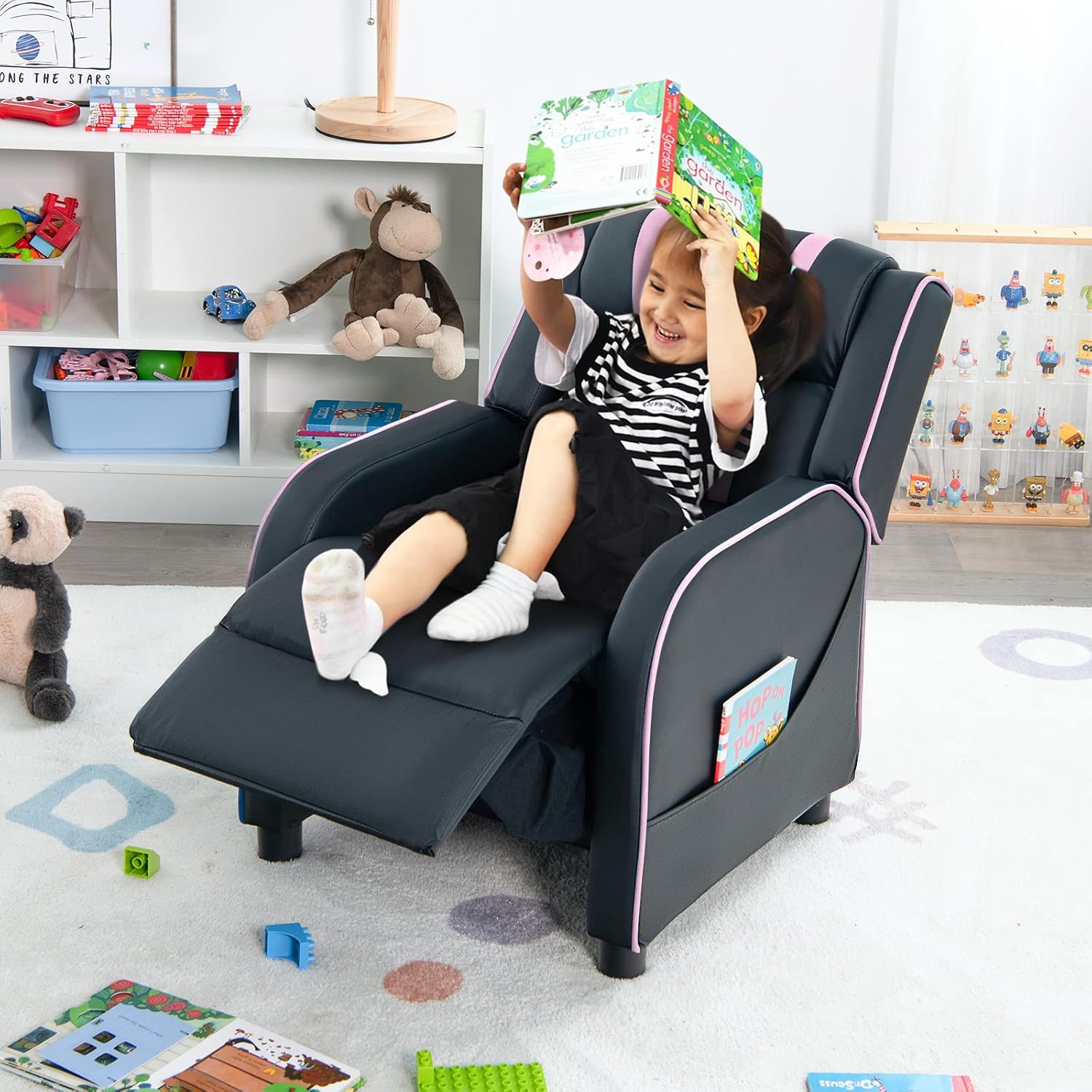 Costzon Kids Recliner, Gaming Recliner Chair w/Side Pockets, Footrest, Headrest & Lumbar Support for Kids Room & Play Room, Adjustable Racing Style Leather Sofa for Children Boys Girls (Pink, Black)