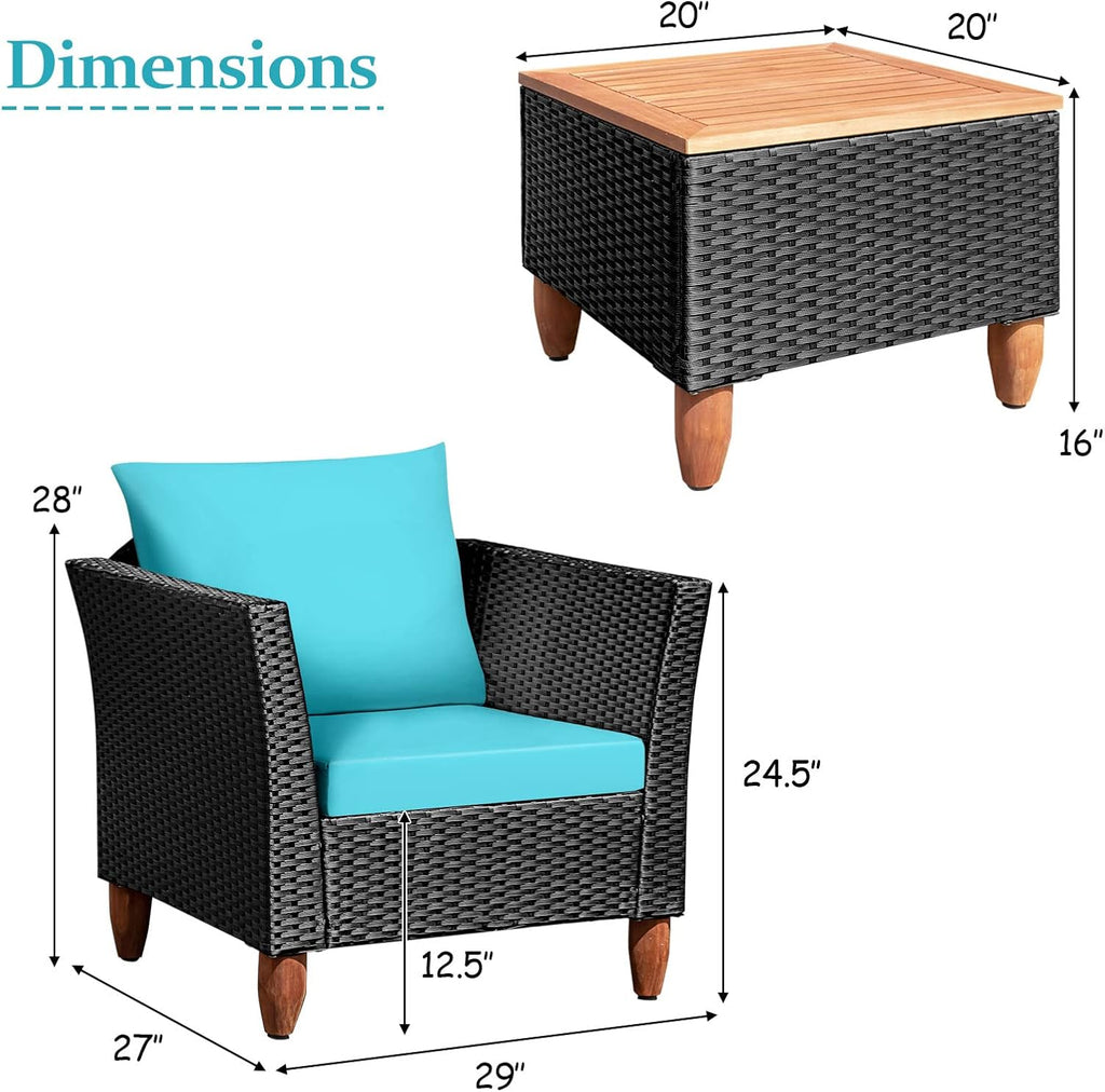 Tangkula 3 Piece Patio Furniture Set, Patiojoy Outdoor Wicker Rattan Bistro Sofa Set w/Washable Cushion, Acacia Wood Top Coffee Table, Conversation Set w/Adjustable Feet for Balcony Backyard Porch