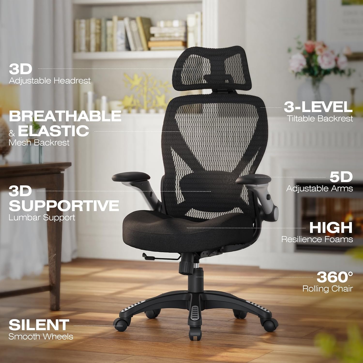 ELABEST X100 Ergonomic Mesh Office Chair, Big and Tall Hone Desk Chair with 5D Flip-Up Arms, Adjustable 3D Lumbar Support,Gaming & Executive Computer Chairs for Long Hours, Padded Seat