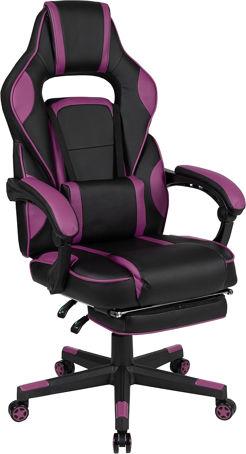 EMMA + OLIVER Black/Purple Ergonomic Gaming Chair -Recline Back/Arms, Footrest, Massaging Lumbar