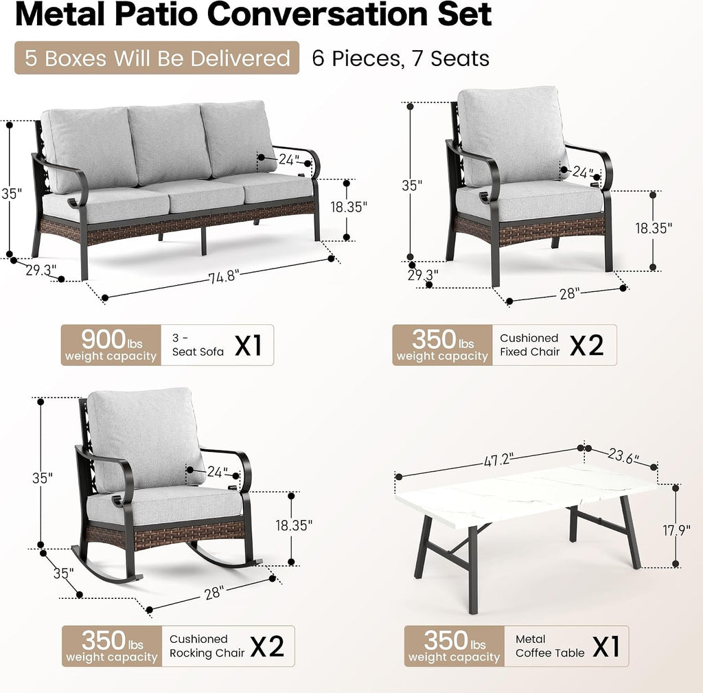 SUNSHINE VALLEY 6 Piece Metal Outdoor Patio Furniture Set, Patio Conversation Set with 1 3-Seater and 2 Fixed Sofas, 2 Rocking Sofas with 5.75' Cushion & Coffee Table, Black and Light Gray