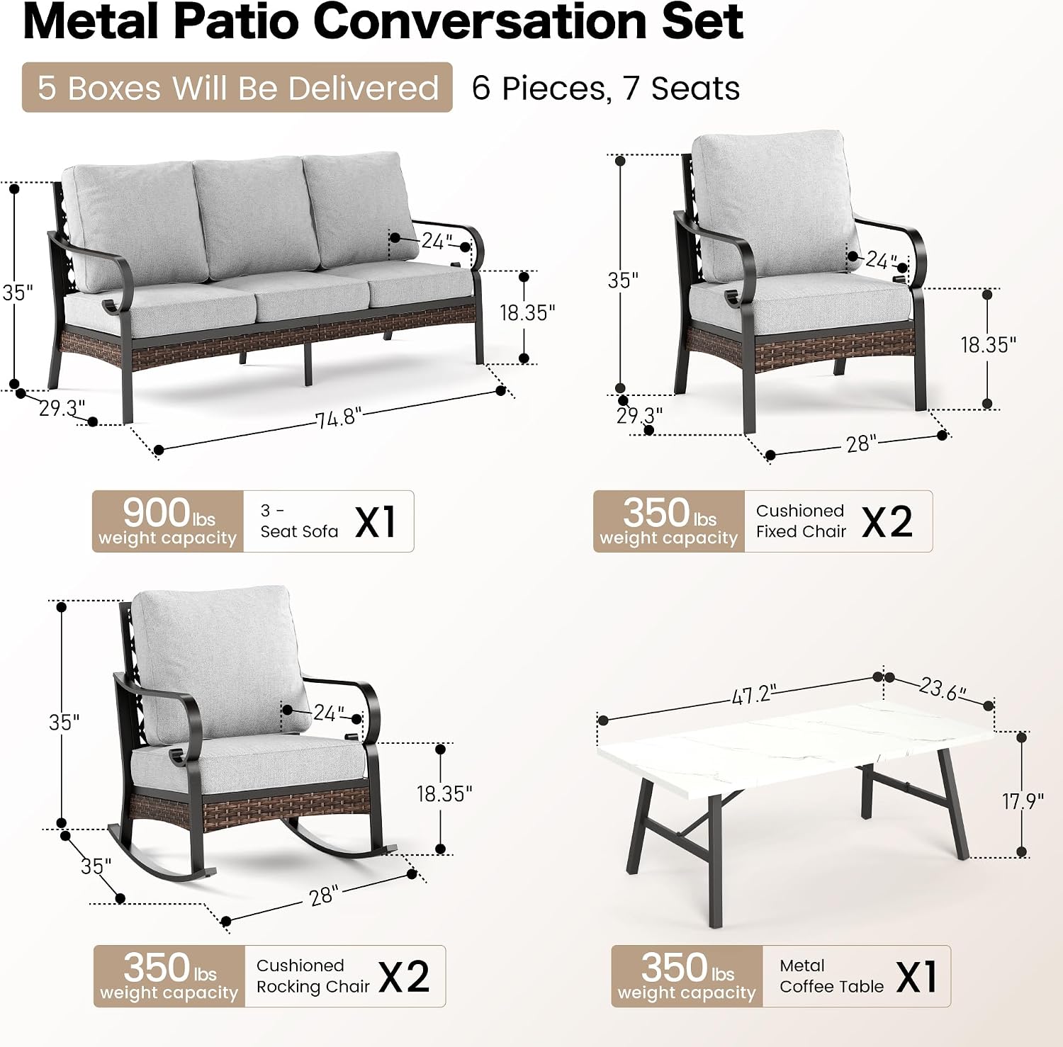 SUNSHINE VALLEY 6 Piece Metal Outdoor Patio Furniture Set, Patio Conversation Set with 1 3-Seater and 2 Fixed Sofas, 2 Rocking Sofas with 5.75' Cushion & Coffee Table, Black and Light Gray