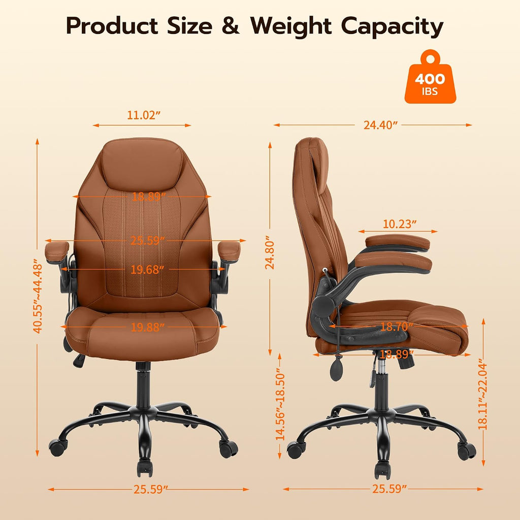 Ylzyxal Office Desk Chair, Ergonomic Computer Chair with Padded Flip-Up Arms and Adjustable Lumbar Support, PU Leather Executive Chair with Tilt Lock and 360° Swivel Rolling Wheels for Work, Study