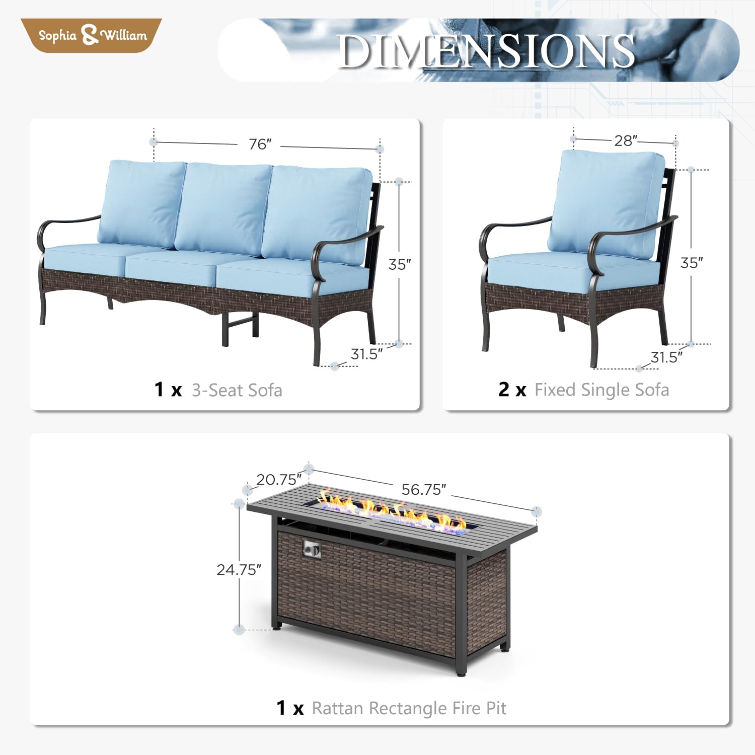 Sophia & William Patio Furniture Set with Fire Pit Table, 4 PCS Metal Outdoor Conversation Set with Fire Pit Table, 2 Sofa Chairs,3-Seater Couch for Outdoor Seating, Backyard, Porch(Blue)