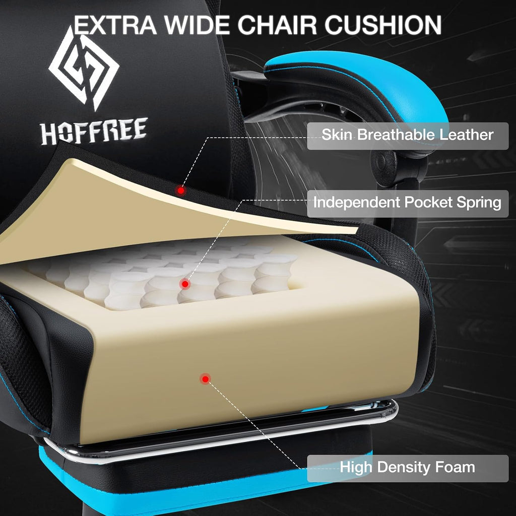 HOFFREE Gaming Chair with Music Rhythm RGB LED Lights and Bluetooth Speakers Ergonomic Massage Computer Gaming Chair with Footrest Video Game Chair High Back with Lumbar Support Blue and Black