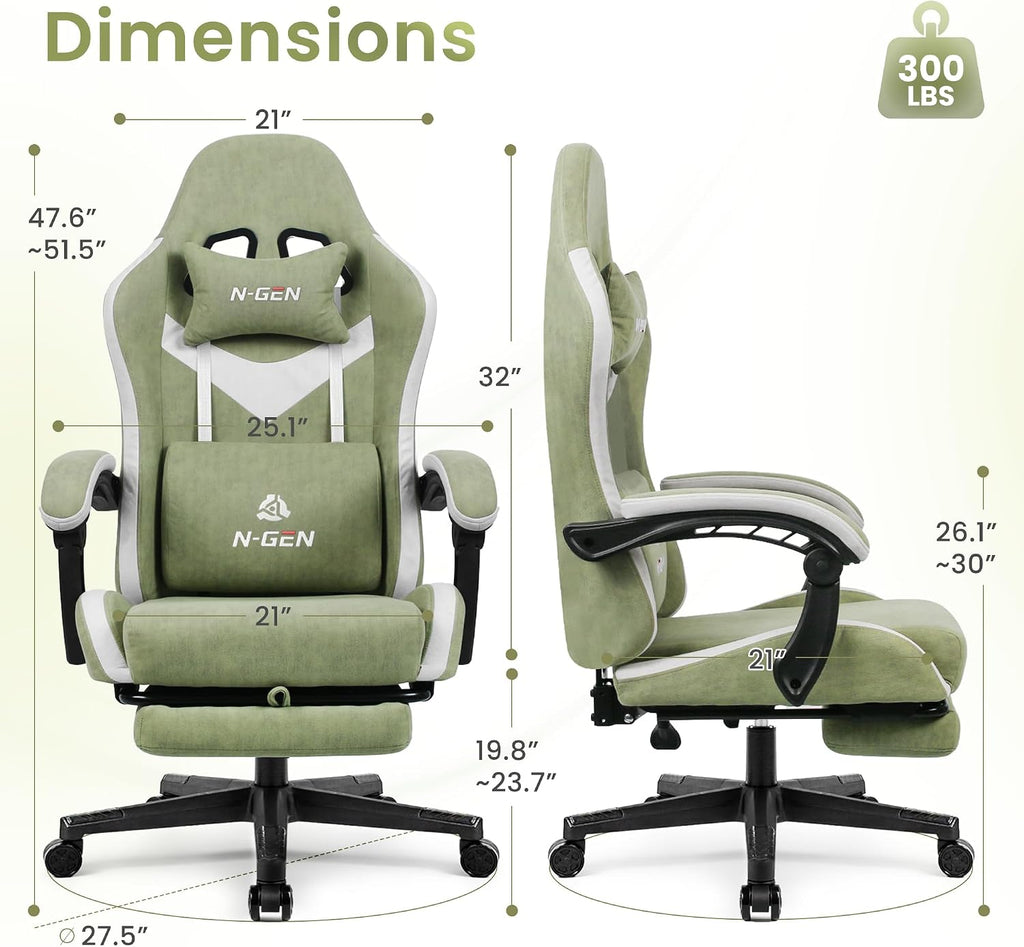 N-GEN GAMING Video Gaming Chair Office Computer Desk Use Ergonomic Reclining Backrest Adjustable Armrests Lumbar Support Footrest High Density Foam Breathable Fabric Heavy Duty Base (Green)