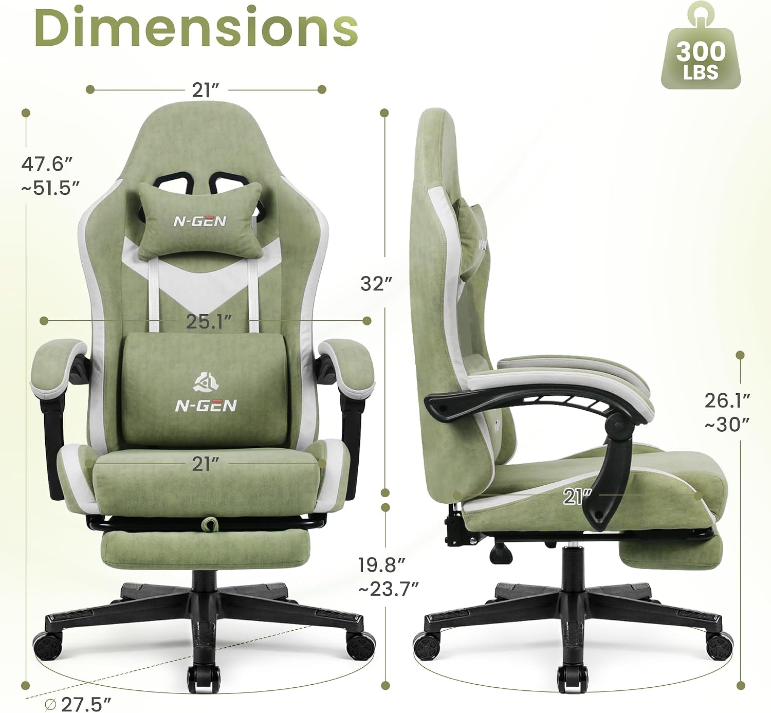 N-GEN GAMING Video Gaming Chair Office Computer Desk Use Ergonomic Reclining Backrest Adjustable Armrests Lumbar Support Footrest High Density Foam Breathable Fabric Heavy Duty Base (Green)