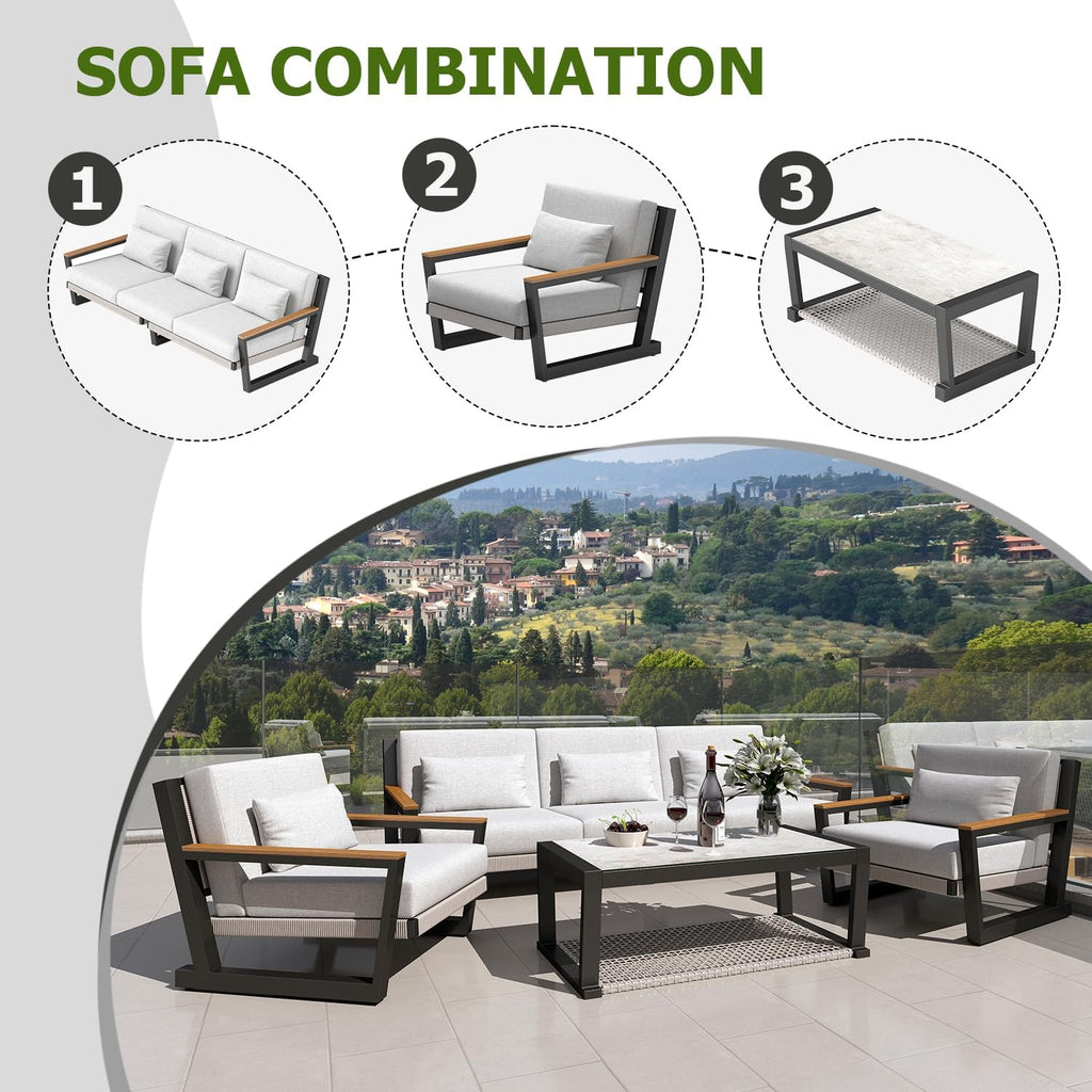 Aug-guan Aluminum Outdoor Patio Furniture Set 5 Seat, Patio Conversation Set with Durable Mesh Rope Weaving, Wide Armrests and Seats, Metal Sofa Set for Patio Grey