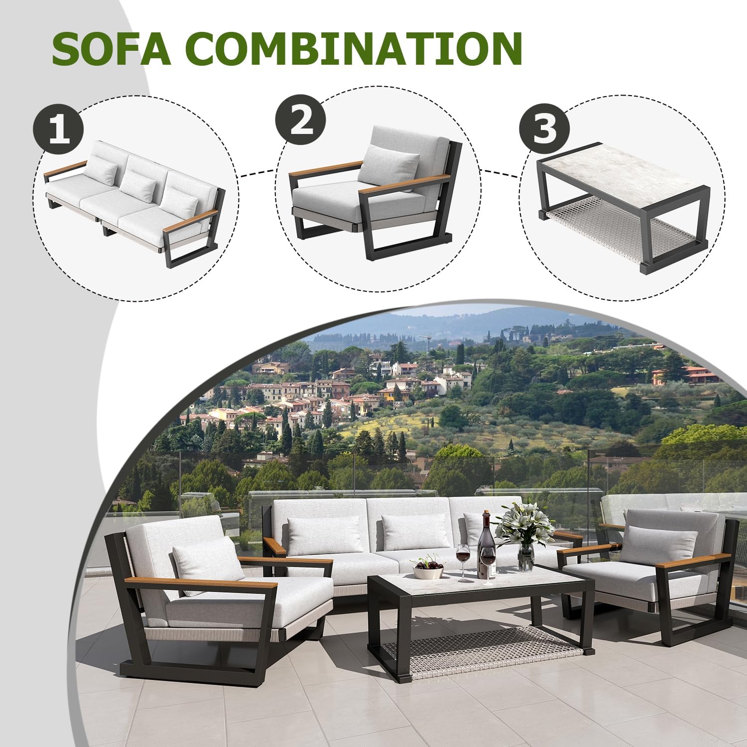 Aug-guan Aluminum Outdoor Patio Furniture Set 5 Seat, Patio Conversation Set with Durable Mesh Rope Weaving, Wide Armrests and Seats, Metal Sofa Set for Patio Grey