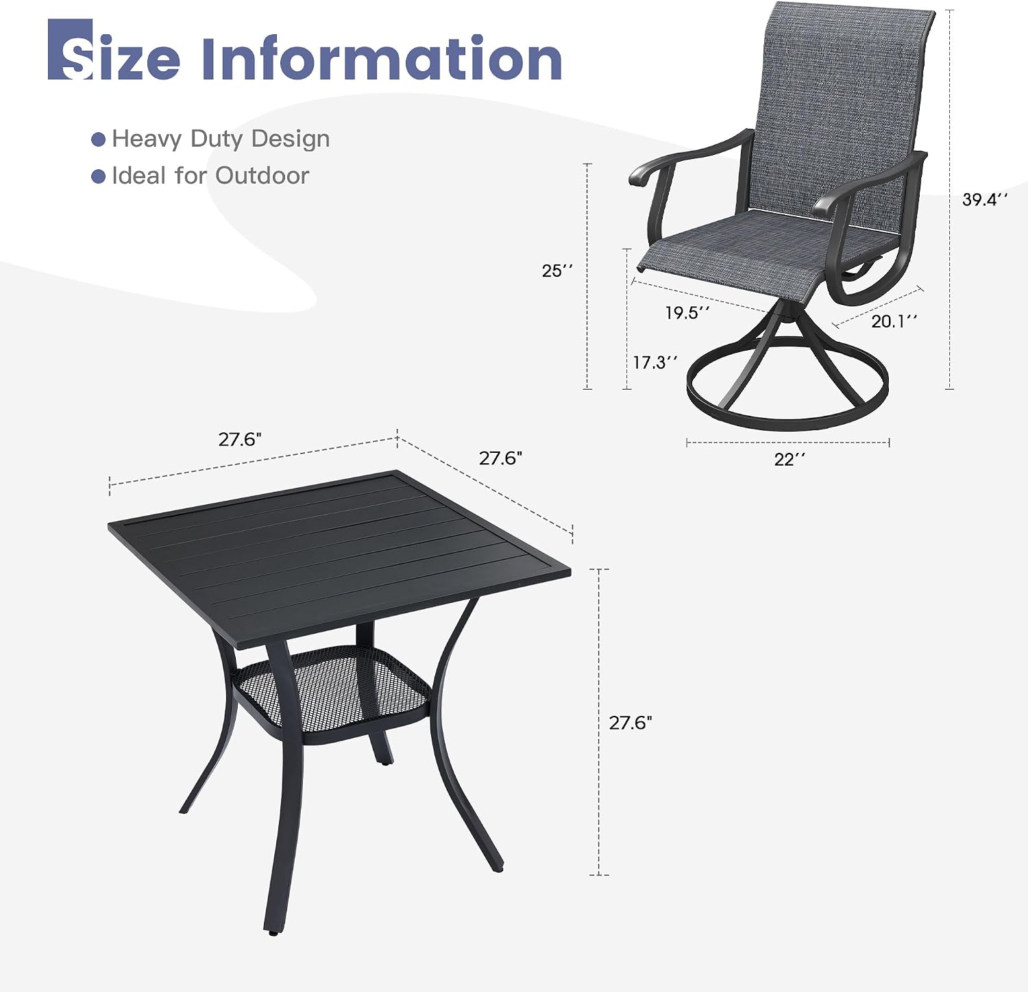 VICLLAX 3 Pieces Outdoor Dining Set, Patio Furniture Set of 2 Patio Swivel Dining Chairs and Small Dining Table with Storage Shelf, Dark Charcoal Chairs & Black Tabletop