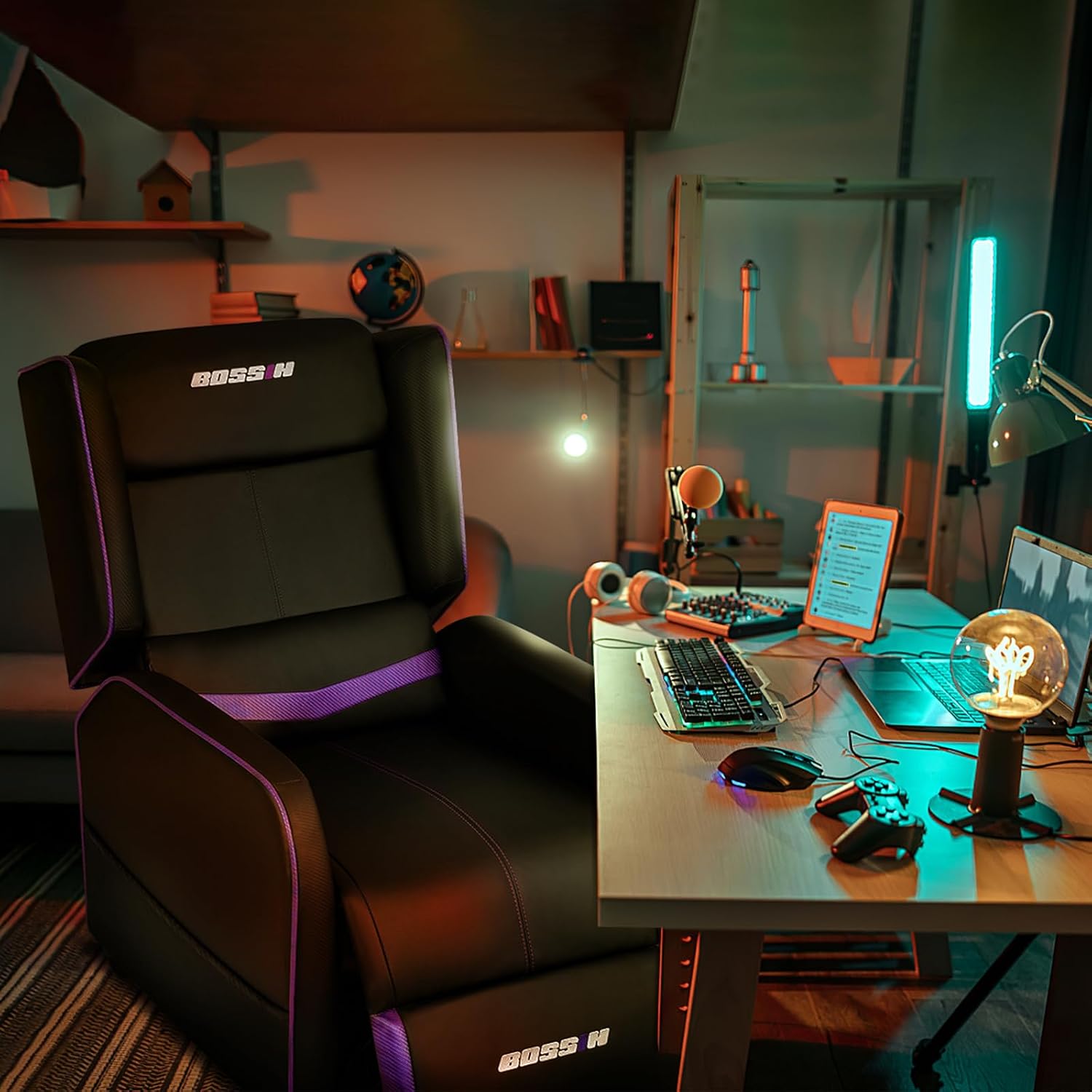 BOSSIN Gaming Recliner Chair for Adults 400lbs Racing Style Sofa Big and Tall PU Leather Recliner Seating, Modern Ergonomic Lounge Comfortable Home Movie Theater for Living Room(Purple)