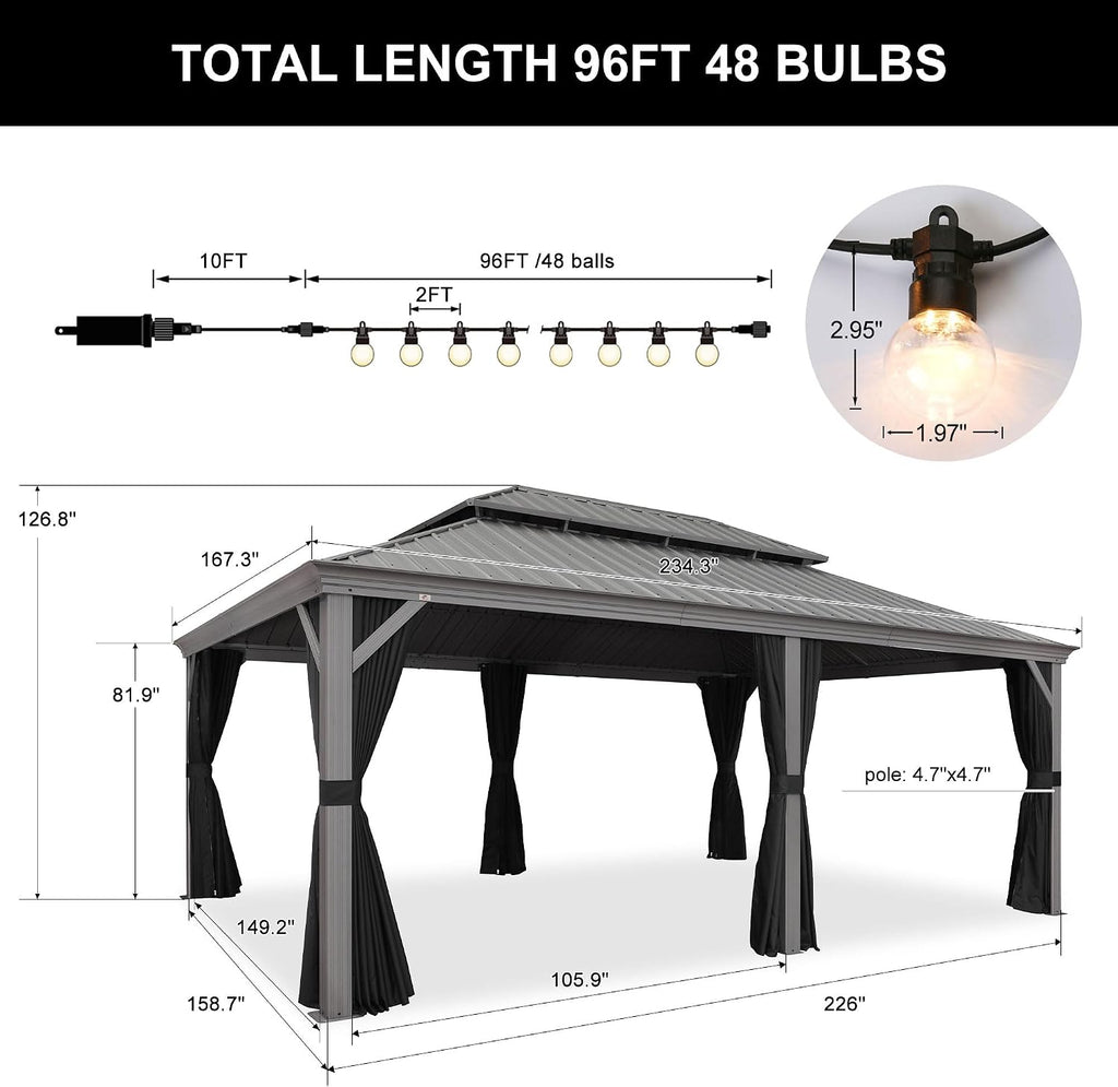 PURPLE LEAF 14' x 20' Patio Hardtop Gazebo Metal Roof Heavy Duty Wind Resistance Outdoor Permanent Large Pavilion Gazebo for Patio Deck and Garden, Netting and Curtains Included, Light Grey