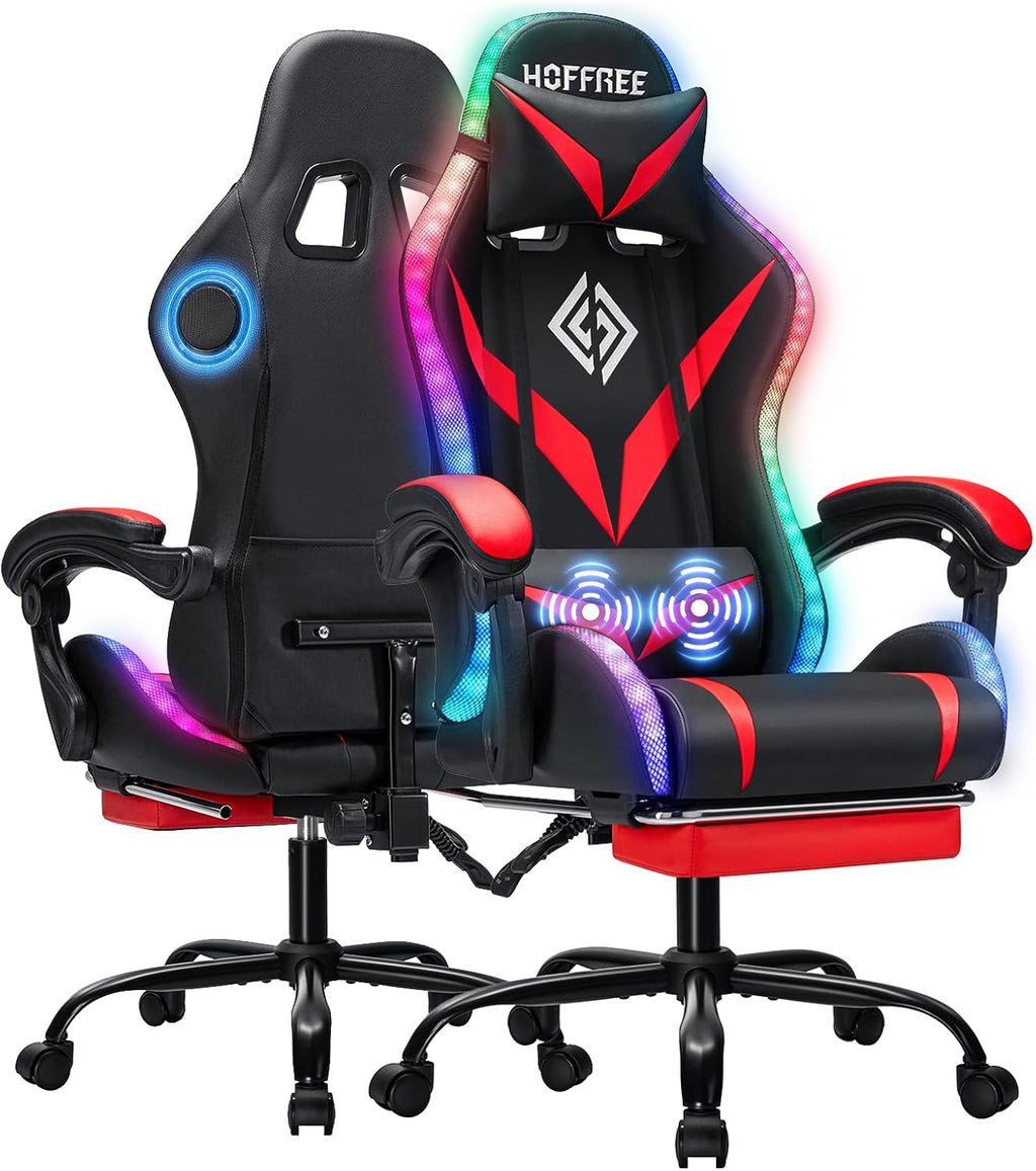 Gaming Chair with Speakers and LED Lights Ergonomic Computer Chair with Massage and Footrest Reclining Video Game Chair for Adults with Adjustable Lumbar Support Red and Black