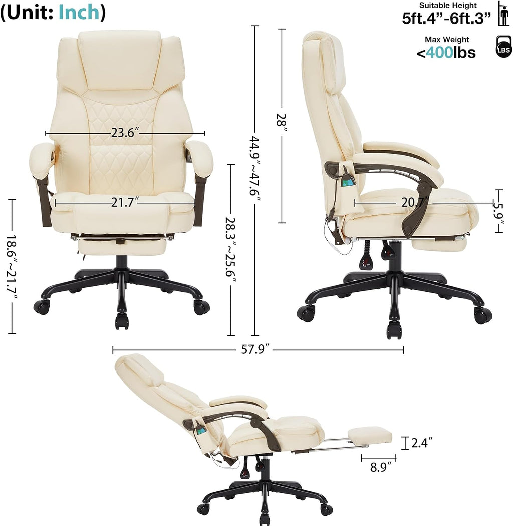 Massage Office Chair with Foot Rest 6 Points Vibration and Heat Home Office Desk Chairs for Heavy People 400lbs Reclining Managerial Chairs Ergonomic Executive Chair (Cream)
