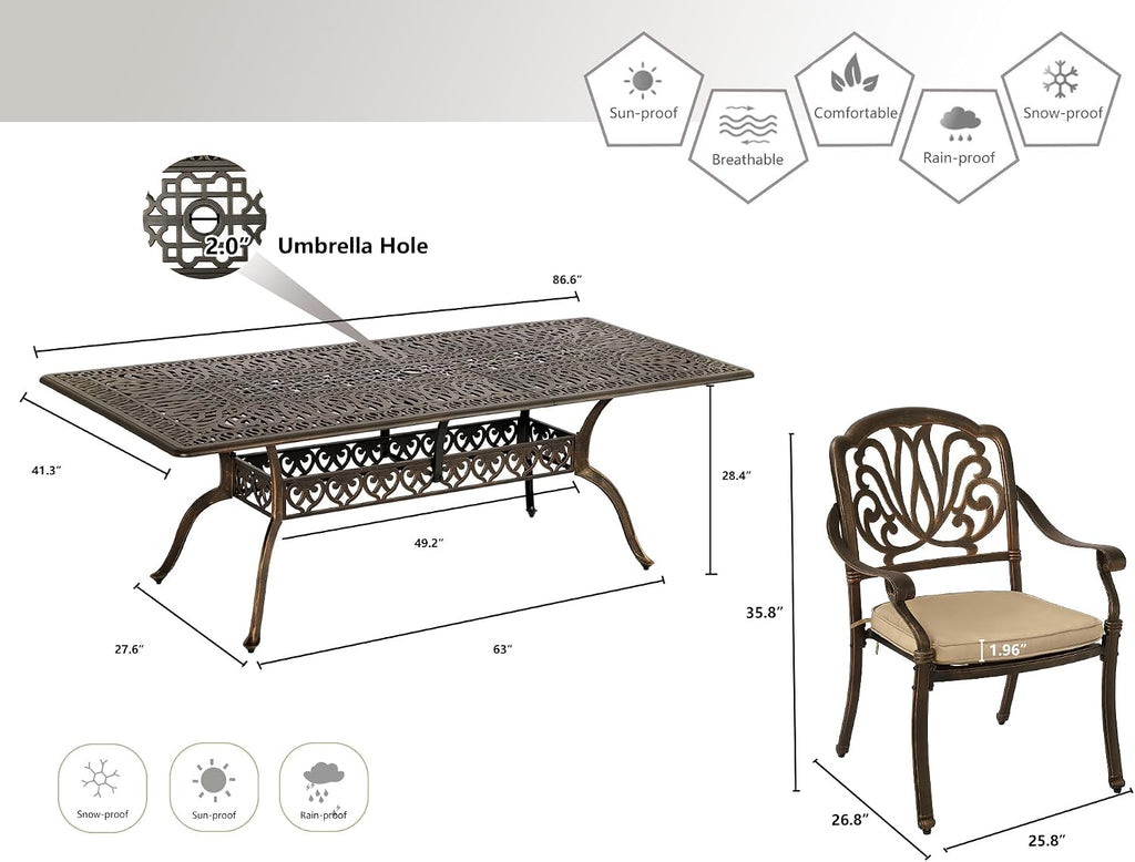 Grepatio 9 Piece Cast Aluminum Patio Furniture Set Outdoor Dining Set Bistro Furniture Set with 8 Armchairs and Dining Table, 8 Cushions for Backyard Garden Poolside (Khaki)