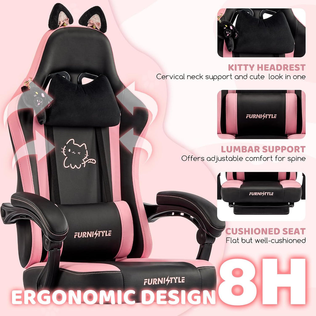 Gaming Chair with Footrest, Comfy Girly Video Game Chairs with Cat Ears Pocket Spring Cushion Massage Lumbar Support & Headrest, Ringing Accessories Cute Leather Ergonomic Computer Chair, Black/Pink