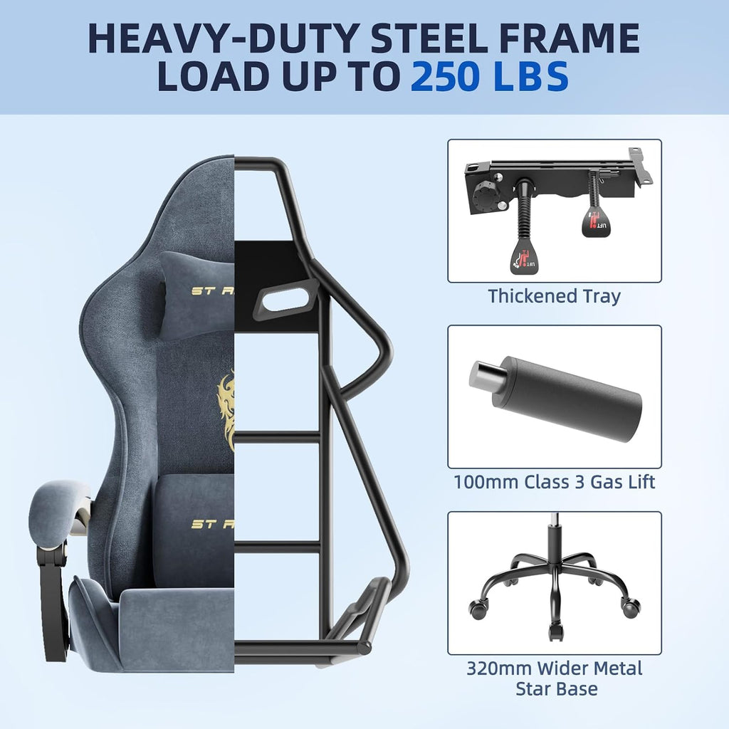 Ferghana Velvet Fabric Gaming Chair, High Back Ergonomic Gamer Chair for Adult, Comfortable Video Game Chair with Footrest and Massage Lumbar Cushion, Racing Reclining Office Computer Desk Chair Grey