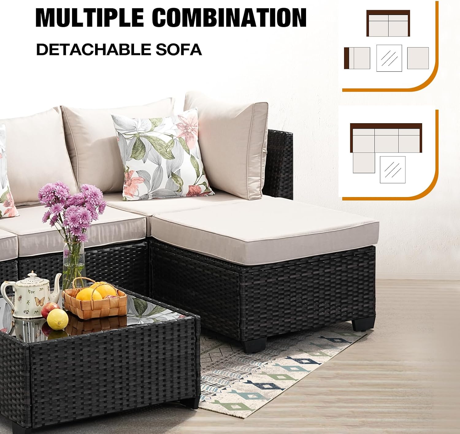 JOYURE 5 Pieces Patio Furniture Set All-Weather Outdoor Wicker Sectional Conversation Sofa Rattan Patio Seating Sofa with Cushion and Glass Table and Ottoman for Porch,Beige
