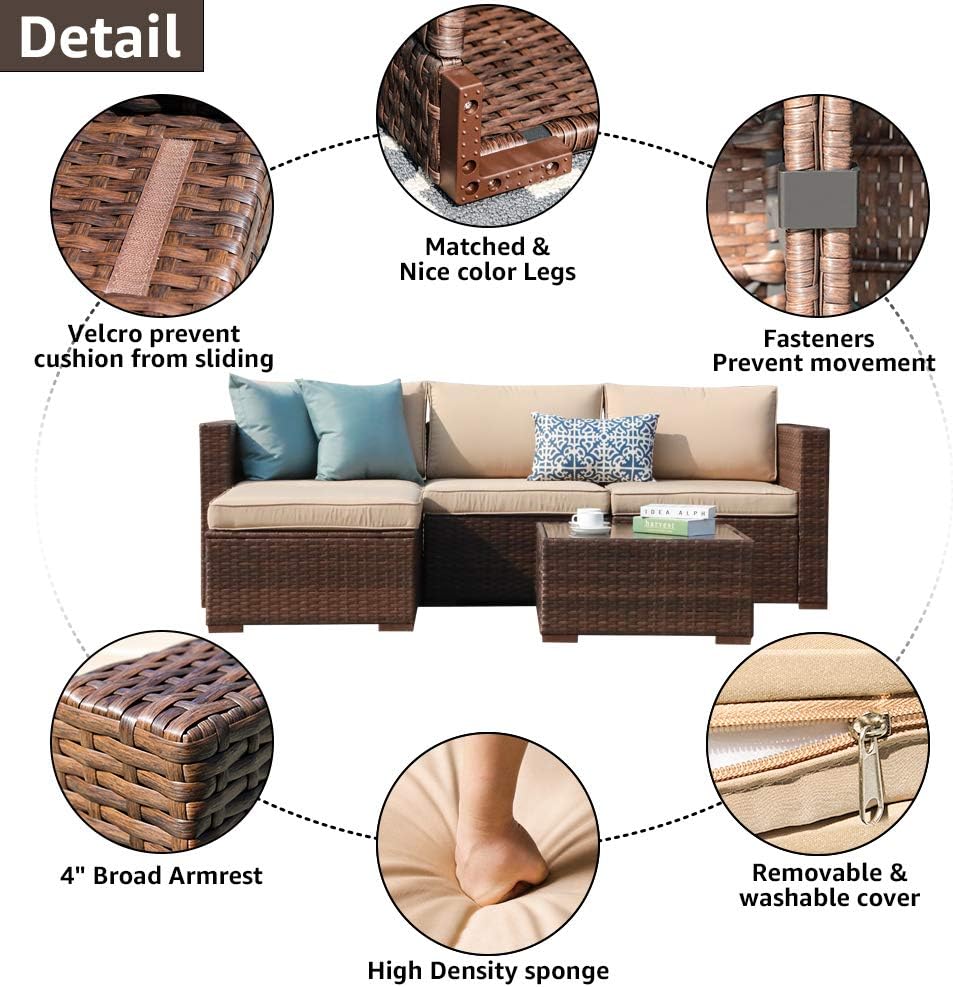 Patiorama 5 Piece Outdoor Patio Furniture Set, Outdoor Sectional Conversation Set, All-Weather Brown PE Wicker w/Beige Cushions, Outdoor Backyard Porch Garden Poolside Balcony Furniture Set