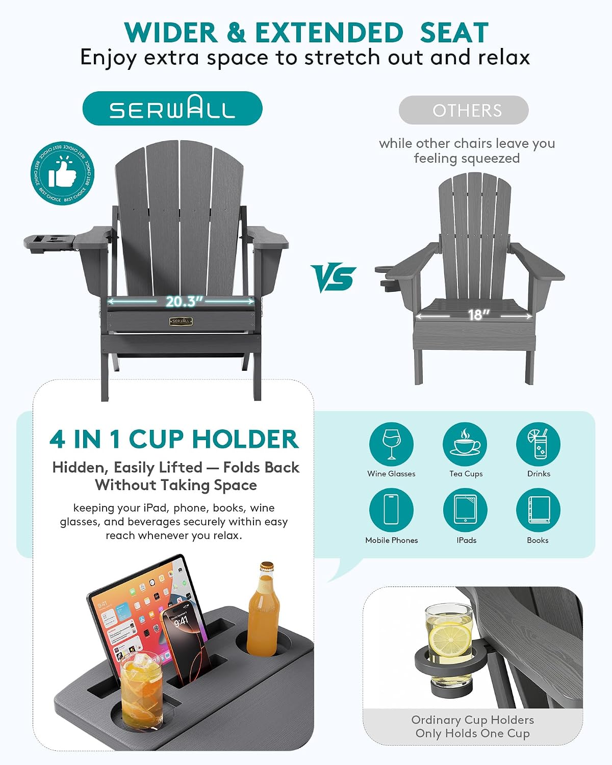 SERWALL Folding Adirondack Chair Set of 4, Outdoor Adirondack Chairs with 4 in 1 Cup Holder, Wood Texture Patio Chairs, Weather Resistant Fire Pit Chairs for Patio Deck Garden, Backyard Deck - Gray