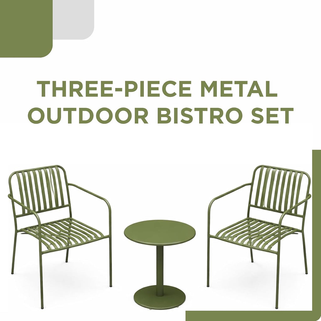 Alpine Corporation VTFAM152A Metal Outdoor Bistro Set, 3-Piece Patio Conversation Set with Round Side Table & 2 Chairs, Weather-Resistant Steel Frame, Compact Balcony Furniture, Green