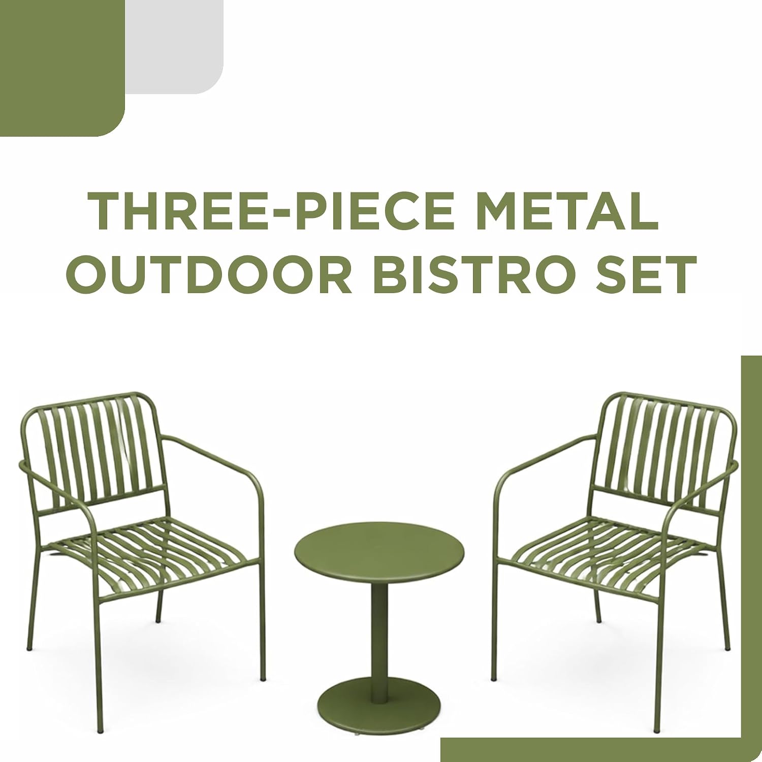 Alpine Corporation VTFAM152A Metal Outdoor Bistro Set, 3-Piece Patio Conversation Set with Round Side Table & 2 Chairs, Weather-Resistant Steel Frame, Compact Balcony Furniture, Green