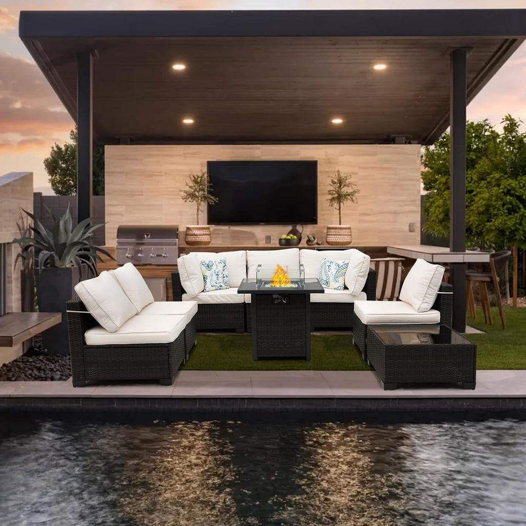8 Piece Wicker Outdoor Patio Furniture Set with Fire Pit Table, Patio Sectional Sofa Perfect for Deck, Garden, Yard, Includes Splashproof Anti-Slip Cushions and 2 Pillows (Brown/Beige)