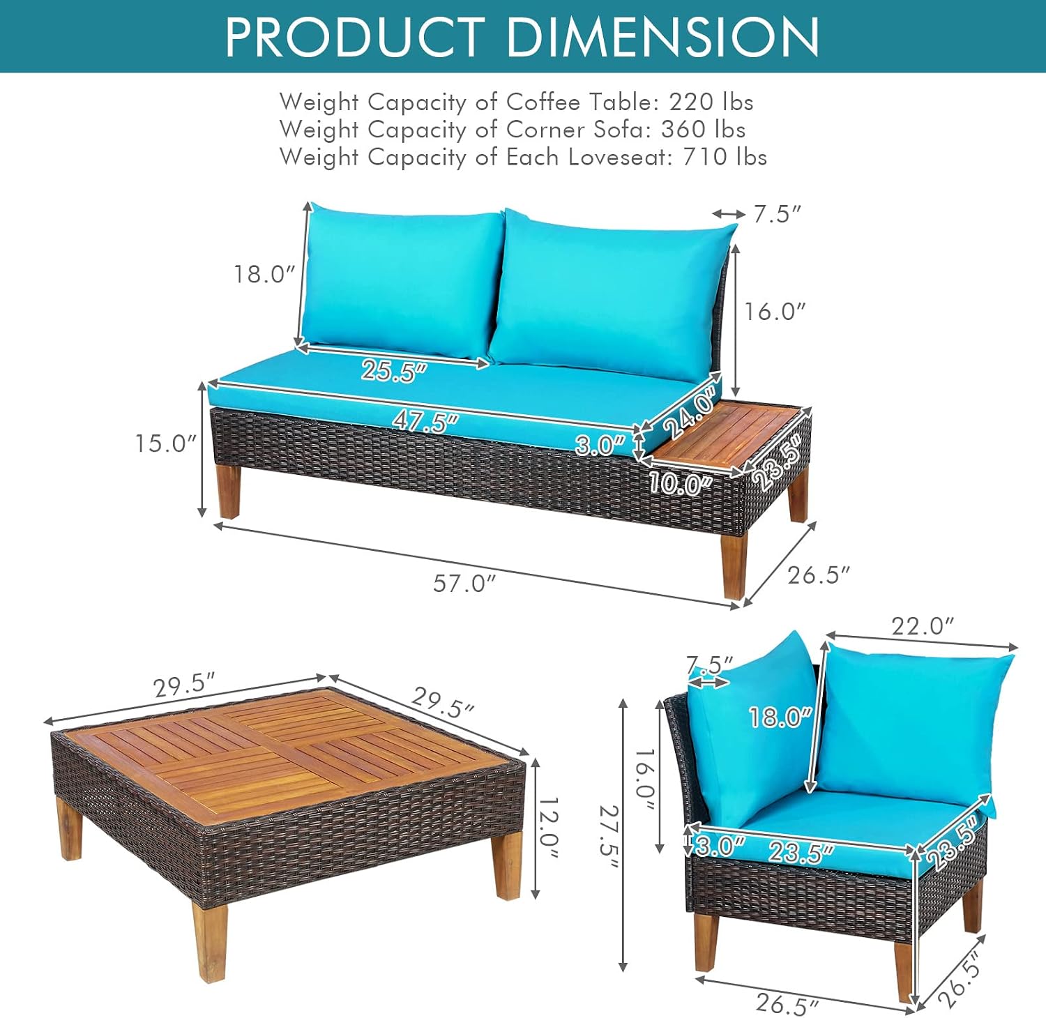 Tangkula 4 Pieces Acacia Wood Patio Furniture Set, Patiojoy L Shaped Wicker Corner Sectional Sofa Set with Thick Cushions, Coffee Table, for Backyard, Garden, Poolside and Deck (Turquoise)