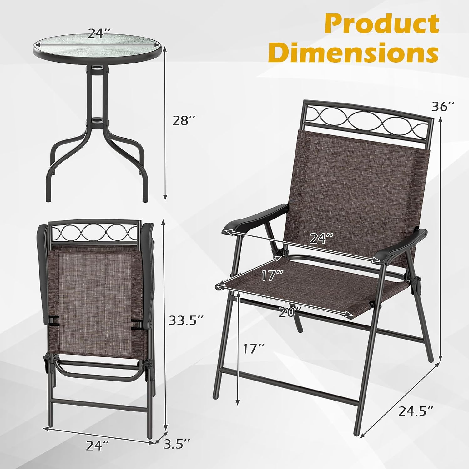 Goplus Bistro Table and Chairs Set of 2, Outdoor 3 Piece Patio Bistro Set with 1.57' Umbrella Hole, Tempered Glass Tabletop, 2 Folding Chairs, Small Patio Furniture Dining Set for Garden, Balcony