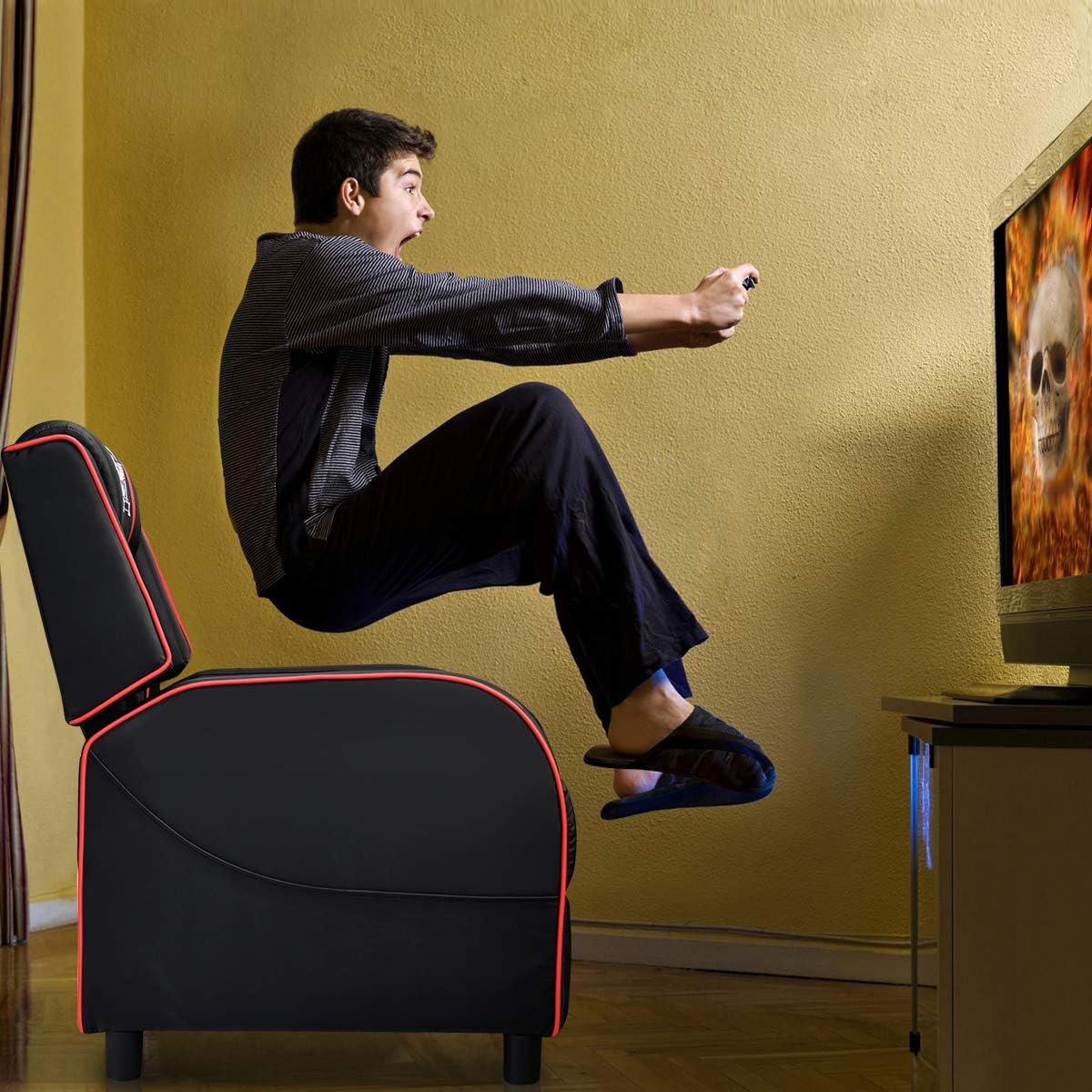 Giantex Gaming Recliner Chair, Adjustable Massage Gaming Chairs for Adults, Ergonomic Comfortable Lounge Leather Sofa w/Footrest, Remote Control & Side Pocket, Racing Style Single Sofa Recliners, Red