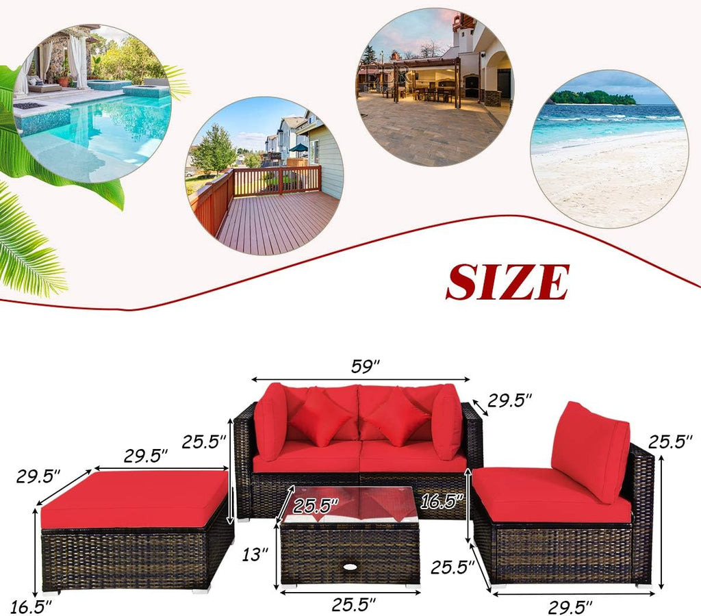 COSTWAY 5-Piece Outdoor Patio Furniture Set, Glass Top Coffee Table and Lounge Sofa with Cushions, PE Rattan Conversation Set for Garden, Deck, Backyard (Red)