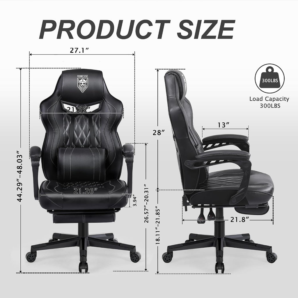Vonesse Gaming Chair, Computer Office Chair with Footrest, Reclining Gaming Chairs for Adults, Big and Tall Ergonomic Gaming Chair with Lumbar Support and Massage (Black)
